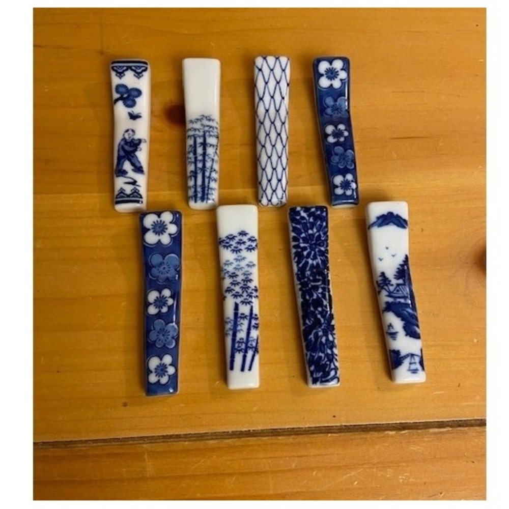 8pc Blue and White Porcelain Chopstick Rests Set Vintage Ceramic Floral Bamboo